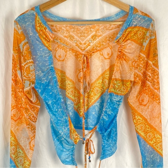 Free People Women's Paisley Boho Long Sleeve Mesh Cropped Open Back Top Size XS - Picture 12 of 16